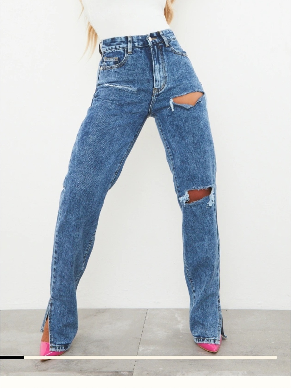 PrettyLittleThing Petite Distressed Slit-Hem Denim Jeans – Size US 2 / UK 6